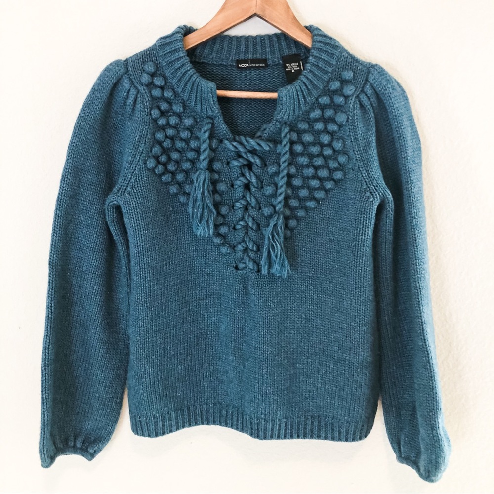 Moda International Teal Bobble Lace Up Sweater